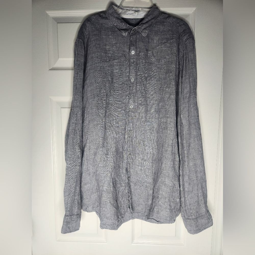 DKNY L Gray 100% Linen Longsleeves Buttons Up Men's  Shirt